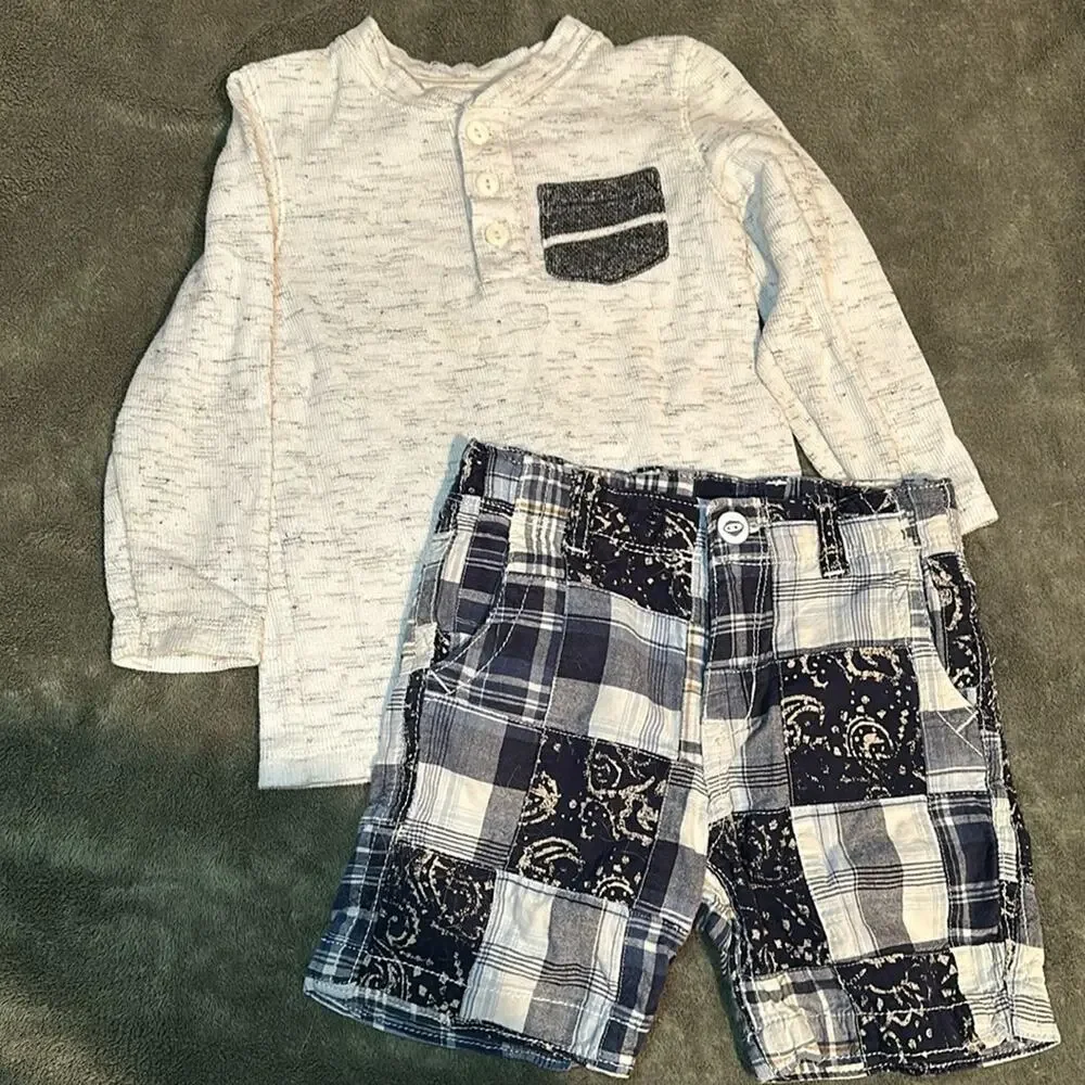 Bundle Toddler Boys Cat & Jack White Long Sleeve Plaid Blue Gap Shorts 3T